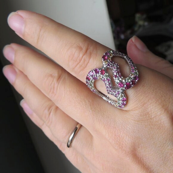 Double Heart Rhodolite Garnet Peridot Gemstone 925 Sterling Silver Ring Size 9 - Picture 4 of 15